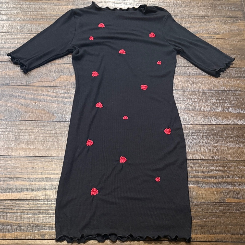 Vintage Heart Hips Black Dress with Red Floral Details